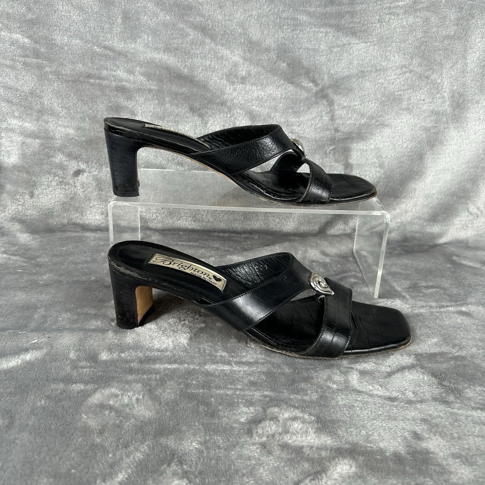 Brighton Trista Block Heels Sandals 7 M Black Leather Slip-on Open Toe Heart